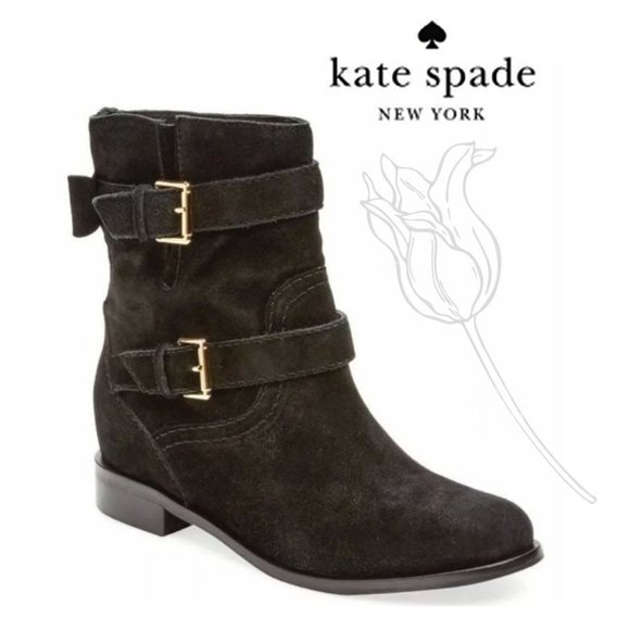 Kate Spade Sabina Black Suede Buckle & Bow Boots - Picture 1 of 14